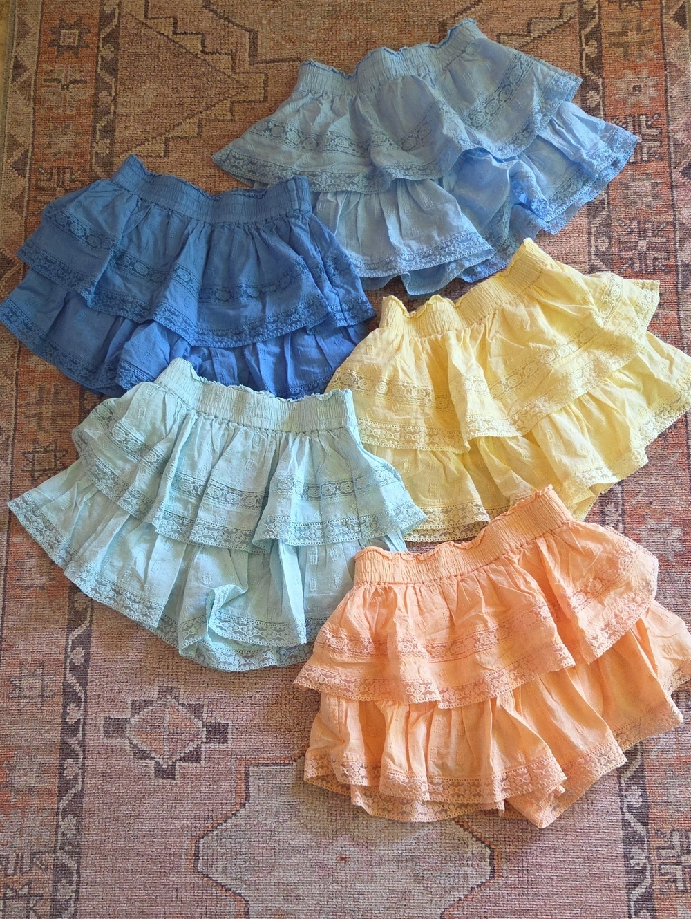 Set of 5  Tiered Ruffle short - Light Blue, Blue, Yellow, Mint & Peach gir skort
